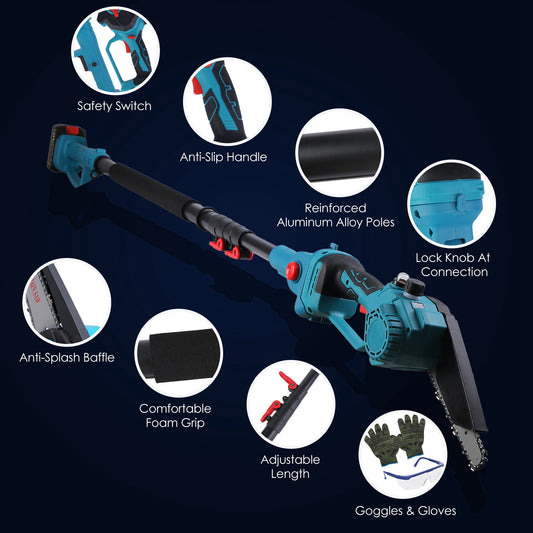 Cordless Pole Saw And Mini Chainsaw With Extension Pole 21V Battery 6IN Electric Brushless Pole Chainsaw With Digital Display Auto Oiler Safety Switch For Tree Trimming