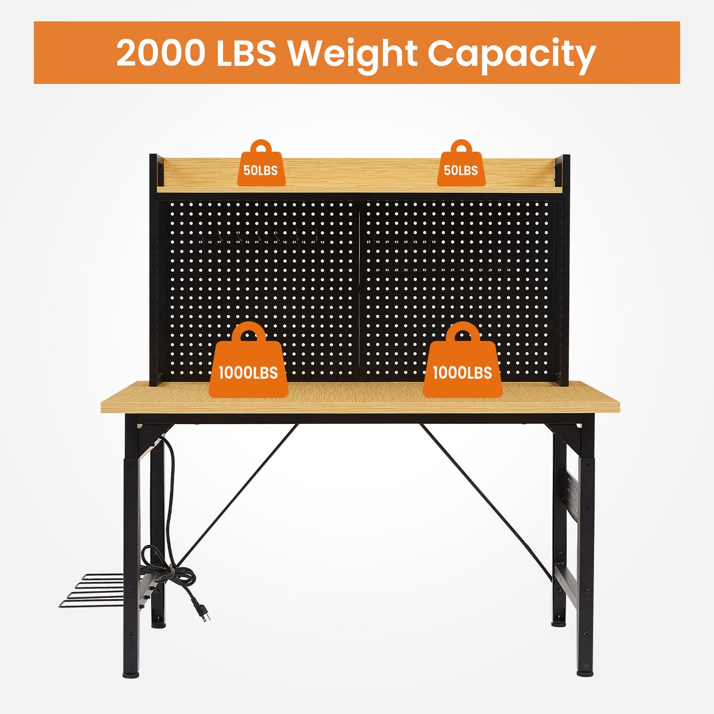 48  Adjustable Workbench With Pegboard, Heavy Duty Wooden Desktop Workbench With Wheels, 1600 Lb. Load Capacity, Rolling Workbench With AC USB Outlet, Hooks, Shelf, For Garage, Workshop, Office, Home.
