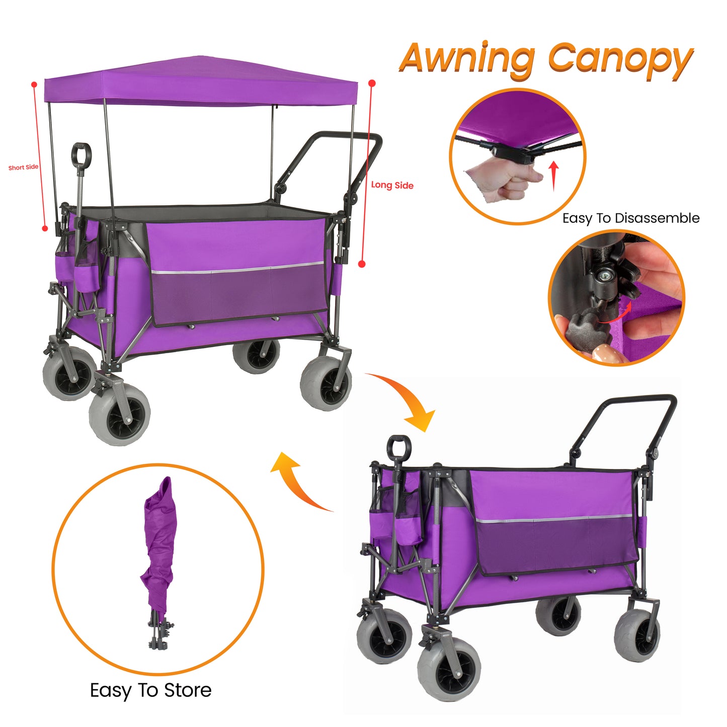 Multi- Functional Push- Pull Folding Wagon Cart With Rotating Handle & Canopy  9 X4  Beach Tires For Camping & Beach  Load Capacity 480lbs  300L Large Capacity For Transport  Groceries  Outdoor Use