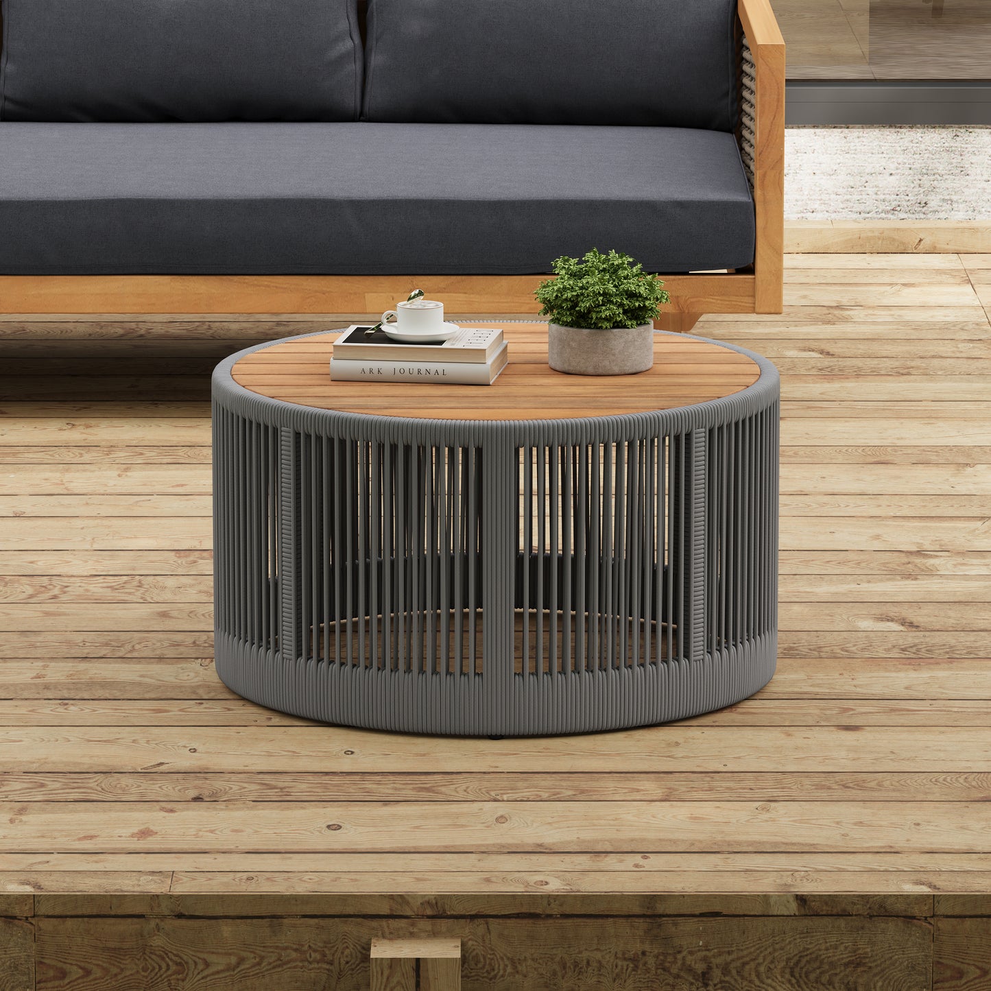 Outdoor Rattan Rope & Acacia Wood Coffee Table - Patio Balcony Furniture For Garden, Yard, Balcony - Weather Resistant  Rope Grey, Natural Iron