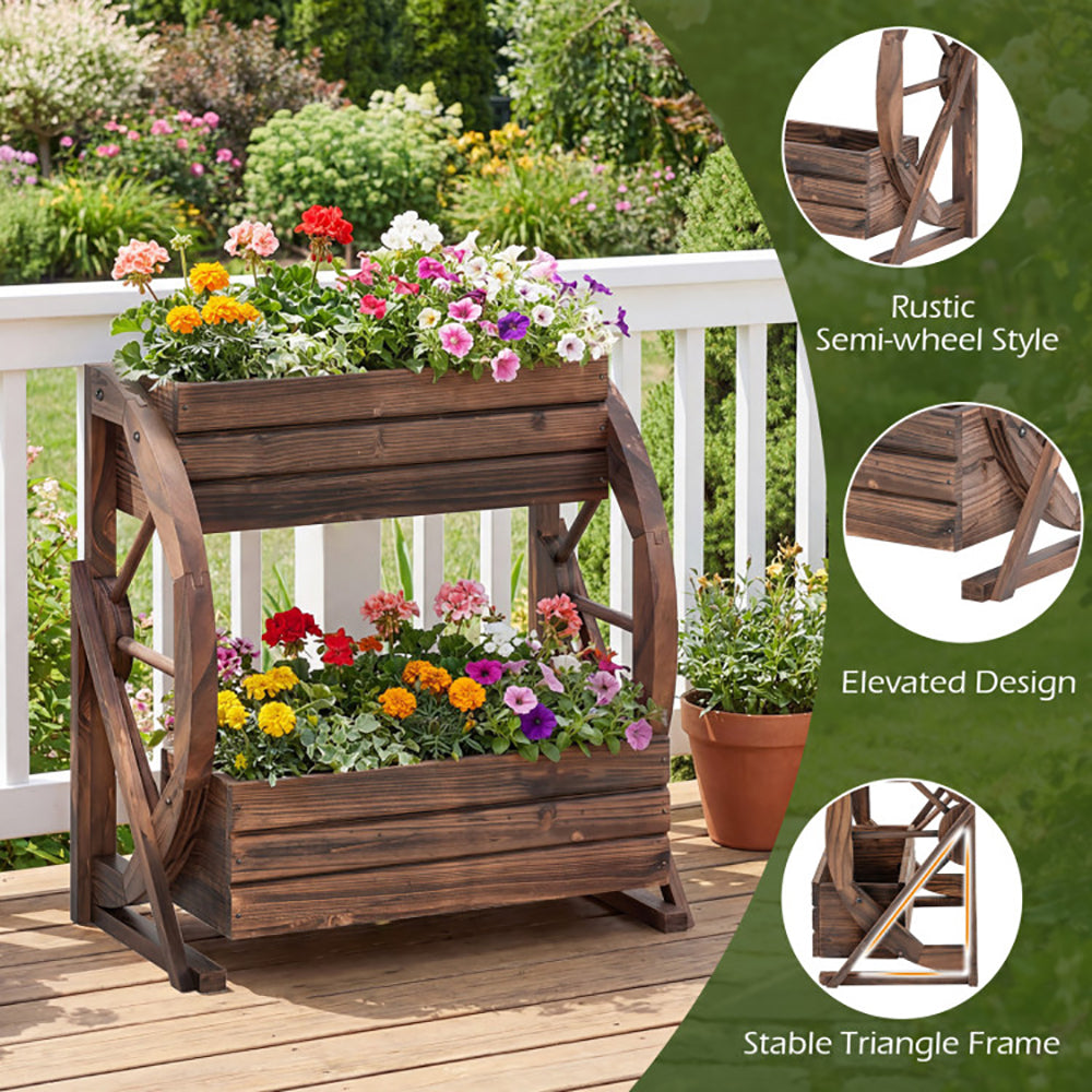 2-tier Raised Garden Bed Rustic Wood Wagon Planter With Drainage Holes And Semi-wheels For Growing Flowers Or Displaying Potted