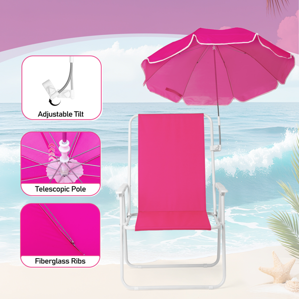 1 Pack Folding Beach Chair With Umbrella, XL Size, 15inch Seat Height, Pink, Steel Spring Chair With Cross Bar, Oxford Cloth, 120kg Capacity
