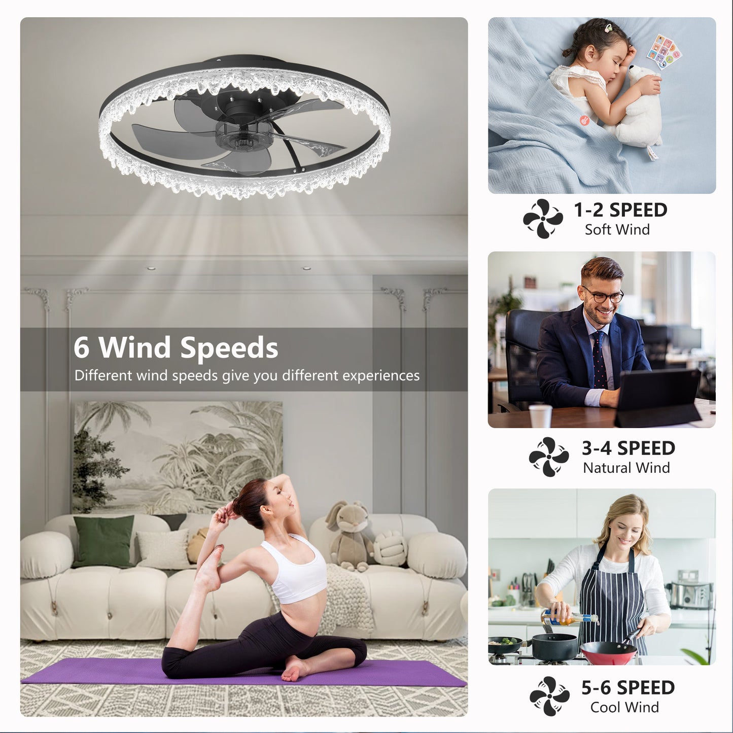 Smart Flush Mount Ceiling Fan With Light-20-inch Integrated LED Chandelier With 5 Invisible Blades, Remote Control & Timer, Dimmable Lighting, Ultra-Quiet Operation For Bedroom, Living Room, And Din