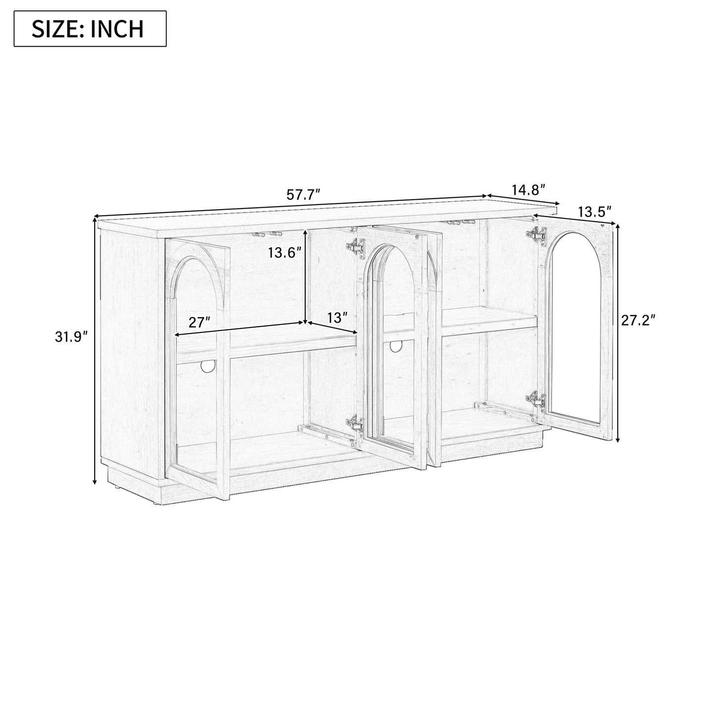 TREXM 4-Door Large Storage Buffet Cabinet With Glass Doors  Arched Cabinet With Adjustable Shelves For Kitchen  Dining Room And Living Room  Navy