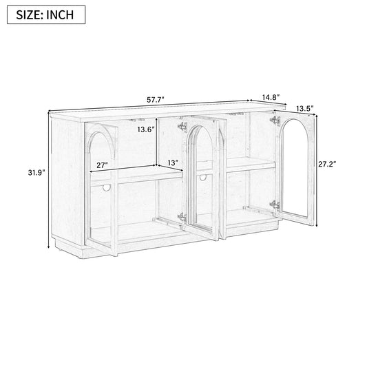 TREXM 4-Door Large Storage Buffet Cabinet With Glass Doors  Arched Cabinet With Adjustable Shelves For Kitchen  Dining Room And Living Room  Navy
