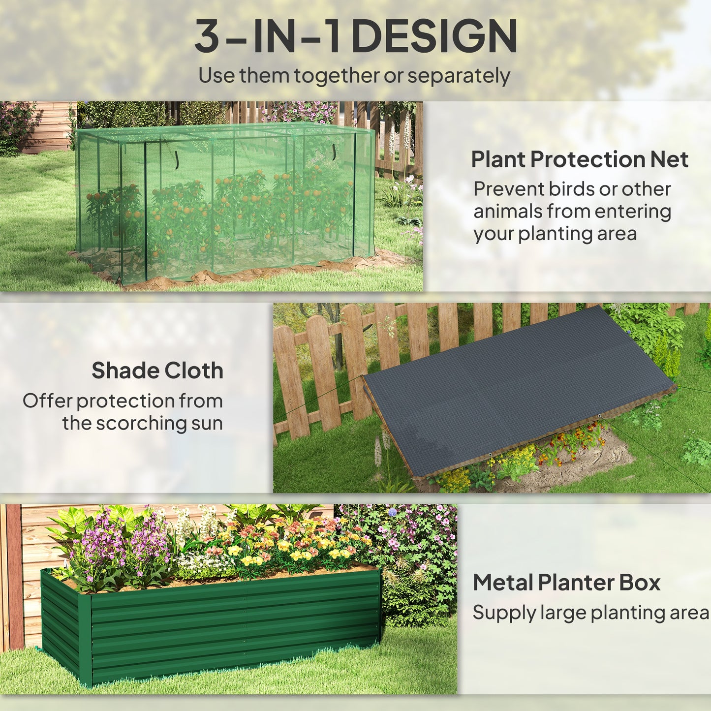 Galvanized Steel Planter Box With Crop Cage And Shade Cloth, Raised Garden Bed For Flowers, Veggies And Herbs, Green