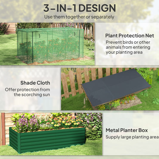 Galvanized Steel Planter Box With Crop Cage And Shade Cloth, Raised Garden Bed For Flowers, Veggies And Herbs, Green