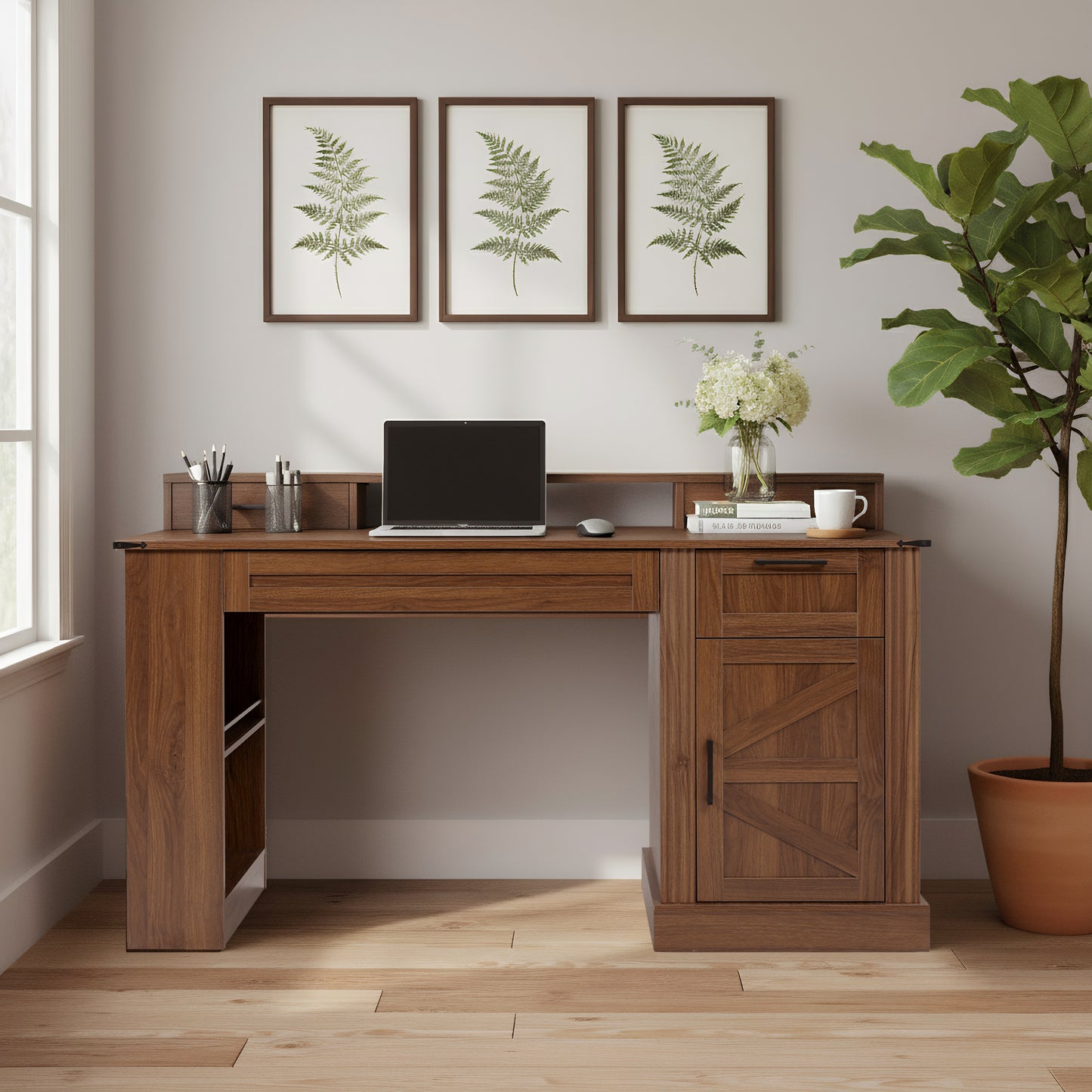 55 Farmhouse Office Desk With Storage Cabinet  Charging Station, Barn Door Design Computer Writing Desk With Keyboard Tray, Monitor Stand & Pegboard For Study, Living Room, Home Office, Dark Walnut