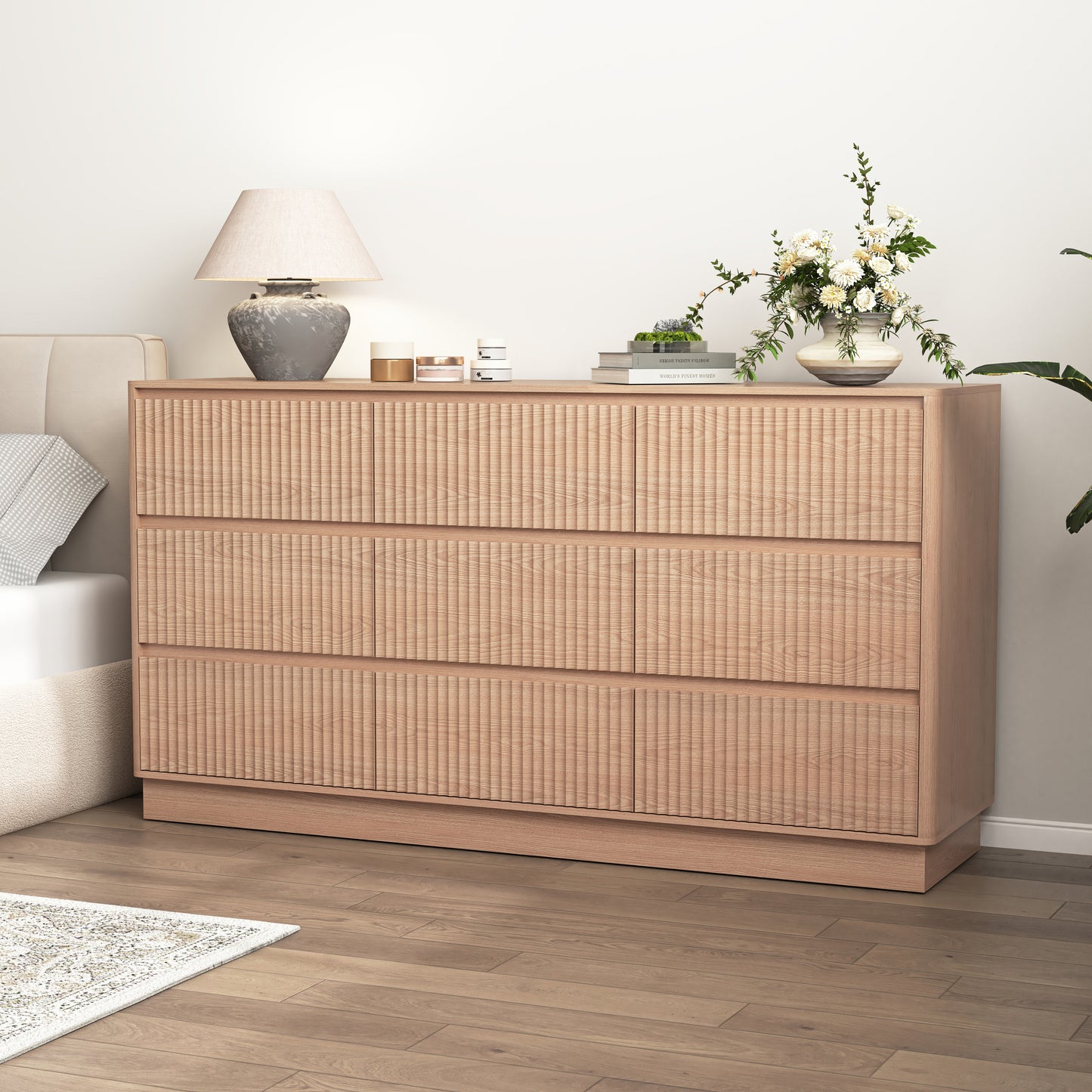 9 Drawer Dresser For Bedroom With Large Drawers, Wood Dresser, Large Floor Chest Of Drawers, Modern Long TV Stand, Mid Century Storage Cabinet Side Table, Natural