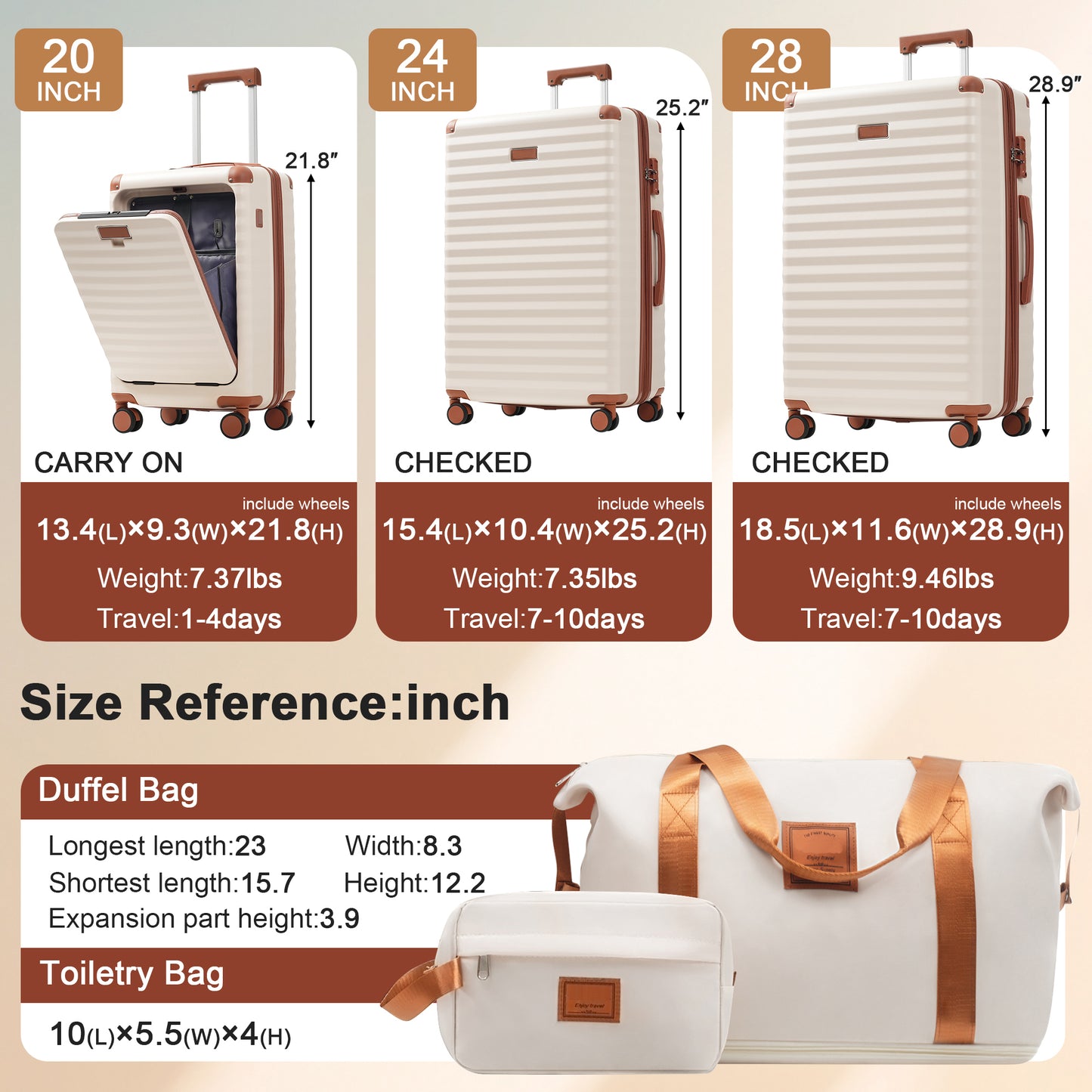 Luggage Sets 5 Piece With Front Opening , Hardside Expandable Carry On Suitcase With Spinner Wheels TSA Lock USB Port  Cup Holder Duffel Bag And Toiletry Bag