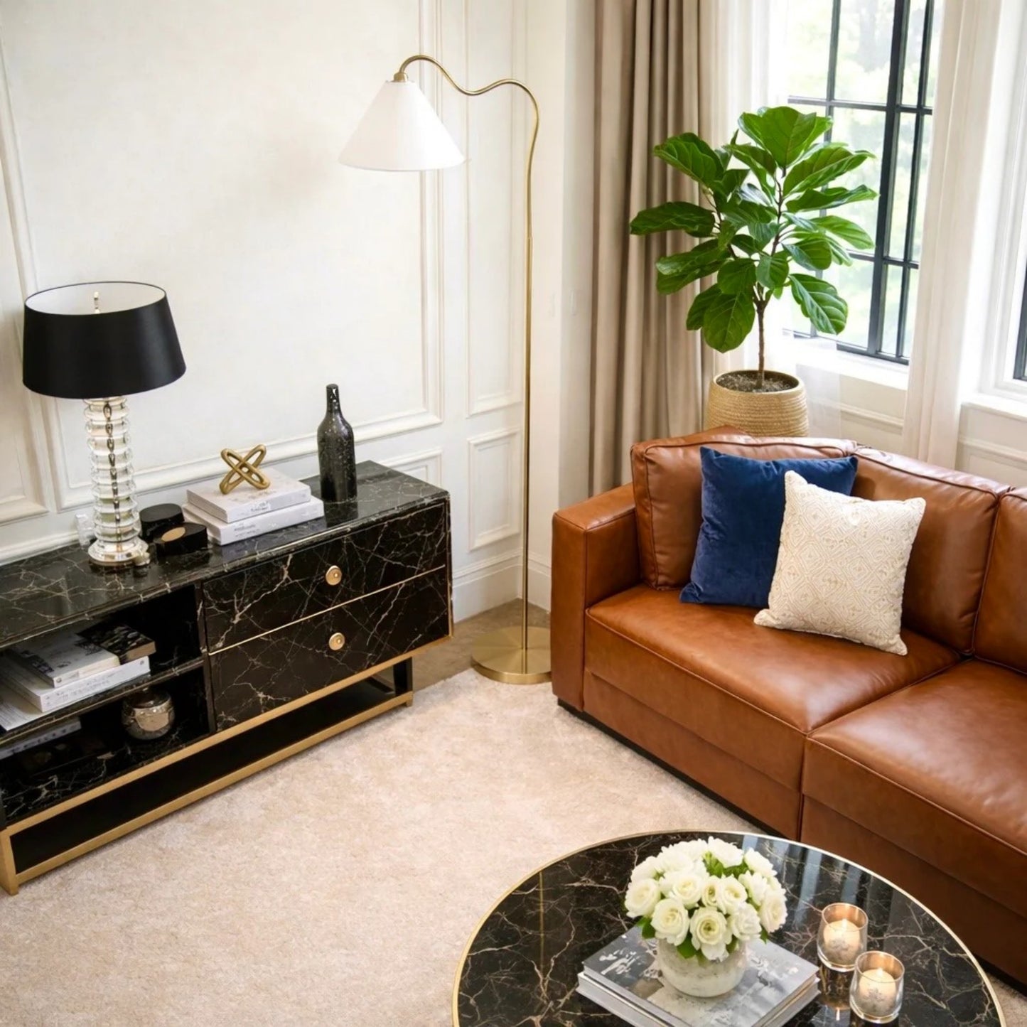 Majestic Brass Ring Base Curved Floor Lamp With Triangle White Drum Shade