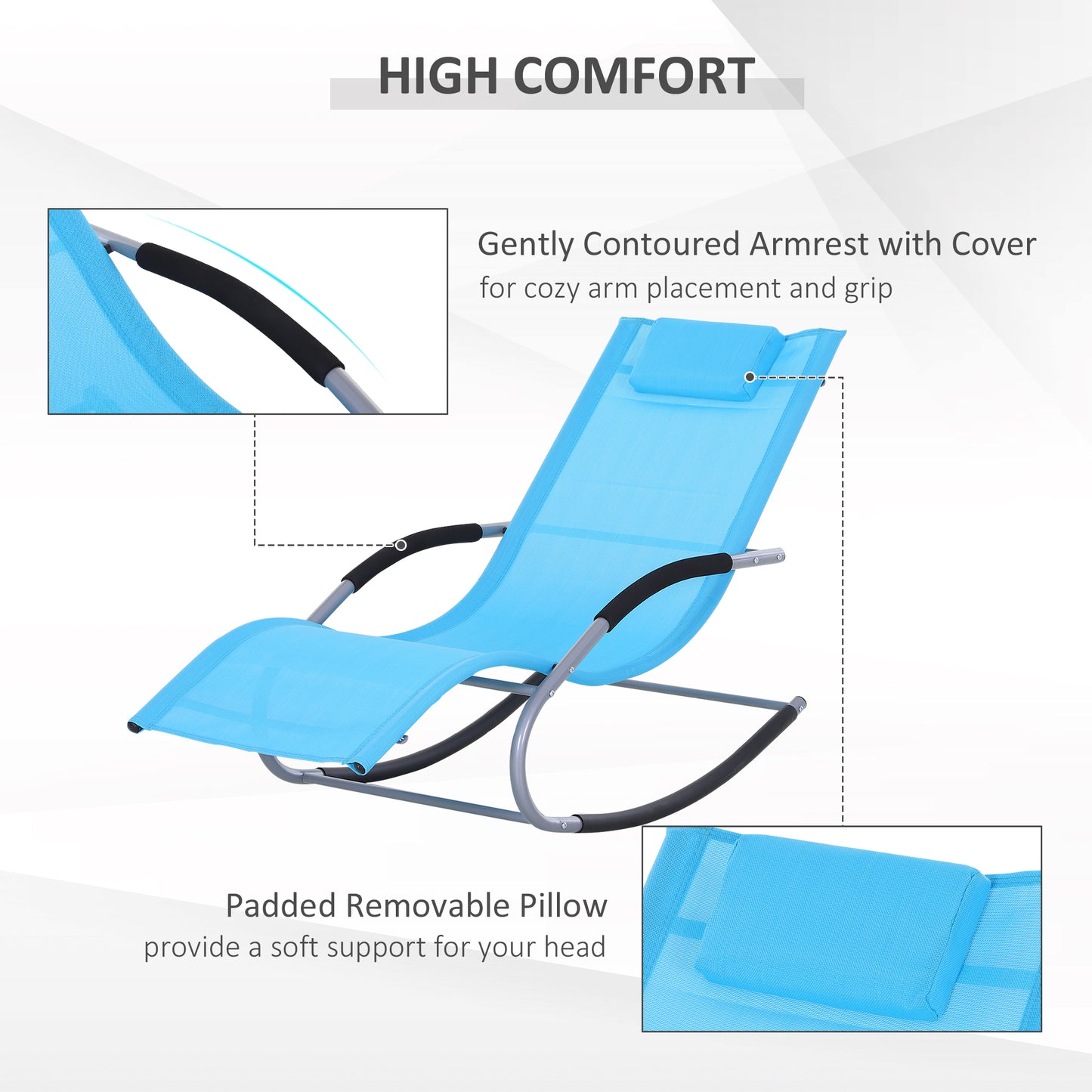 Zero Gravity Rocking Chair Outdoor Chaise Lounge Chair Recliner Rocker With Detachable Pillow And Weather-Fighting Fabric For Patio, Deck, Pool, Light Blue