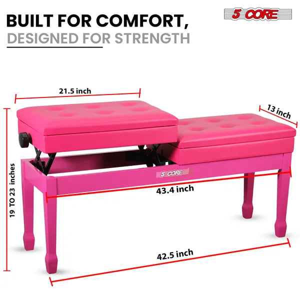 5 Core Duet Piano Bench 3.5 Inch Padded Cushioned Stool Wooden Heavy Duty Musician Chair Height Adjustable Double Keyboard Seat W Storage Nonslip Cherry - PNB DT CHERRY