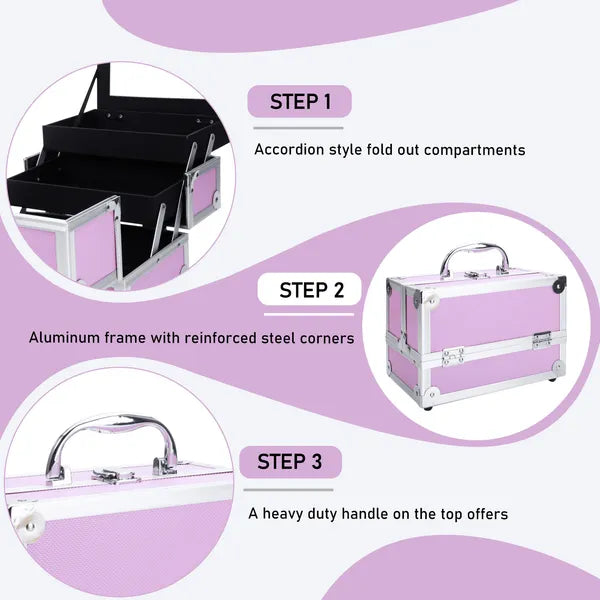 SM-2176 Aluminum Makeup Train Case Jewelry Box Cosmetic Organizer With Mirror 9'x6'x6' Pink