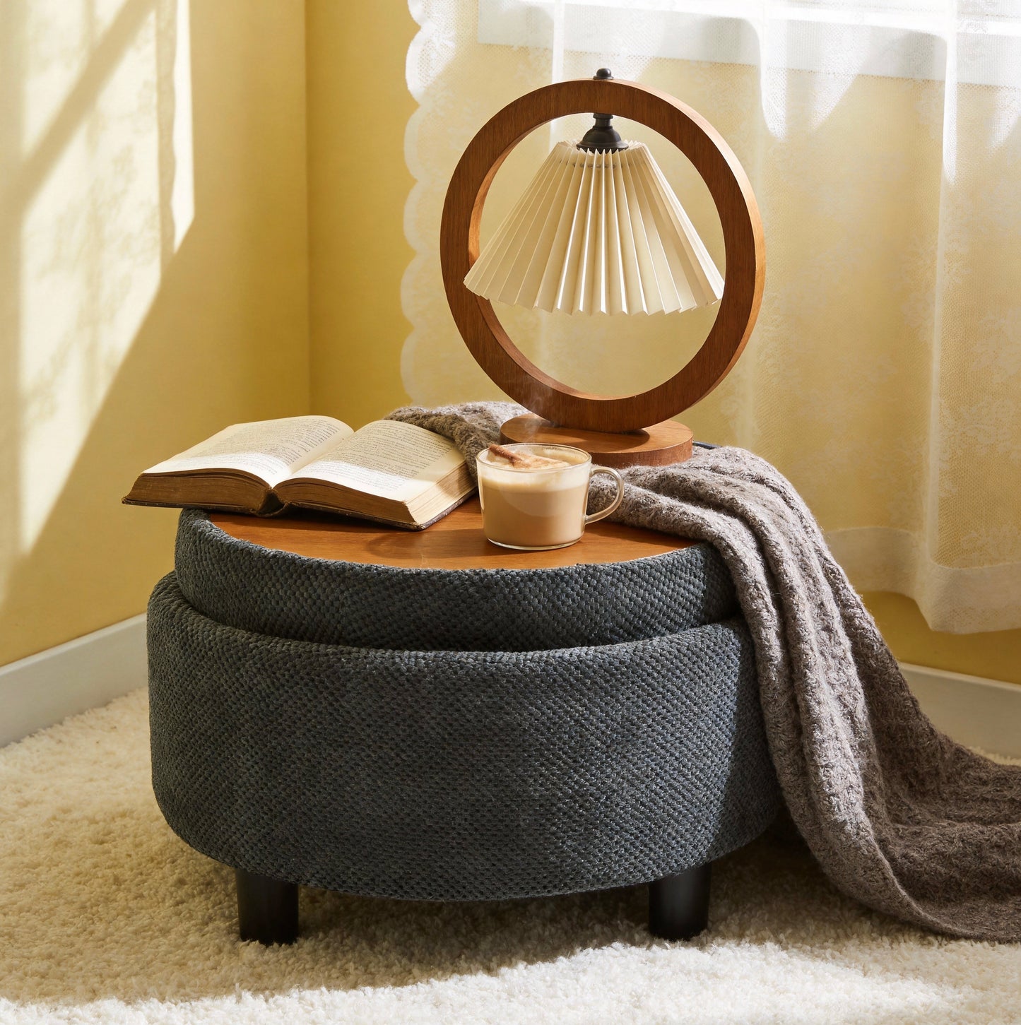 25Inch Round Storage Ottoman With Tray, ModernTufted Fabric Circle Coffee Table With Storage, Upholstered Ottoman With Removable Top For Living Room, Bedroom,Dark Grey