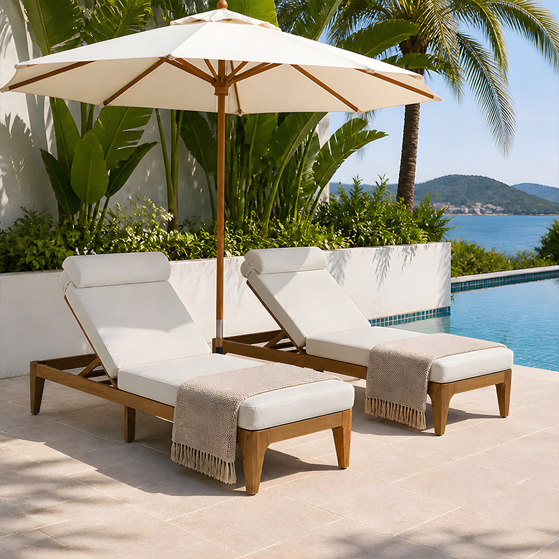 TOPMAX Acacia Wood Chaise Lounge, Outdoor Sun Lounge Chair, Patio Recliner With Adjustable Backrest And Head Pillow For Poolside, Backyard, Garden, Indoor&Outdoor, Set Of 2, Beige