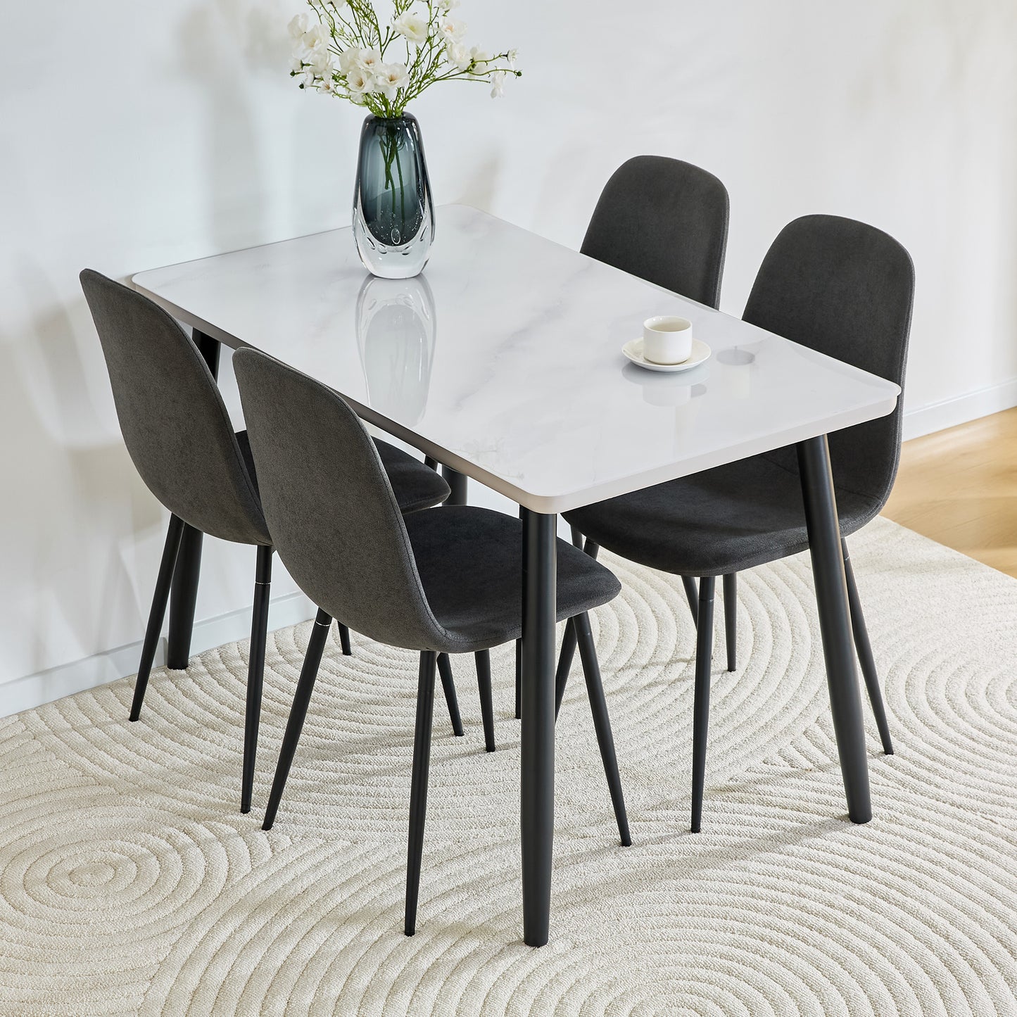 Table And Chair Set.Modern Rectangular Dining Table,suitable For 4-6 People.White Tempered Glass Countertop Lower MDF Board.Paired With 4 Dark Gray Linen-Cotton Material Dining Chair With Metal Leg.