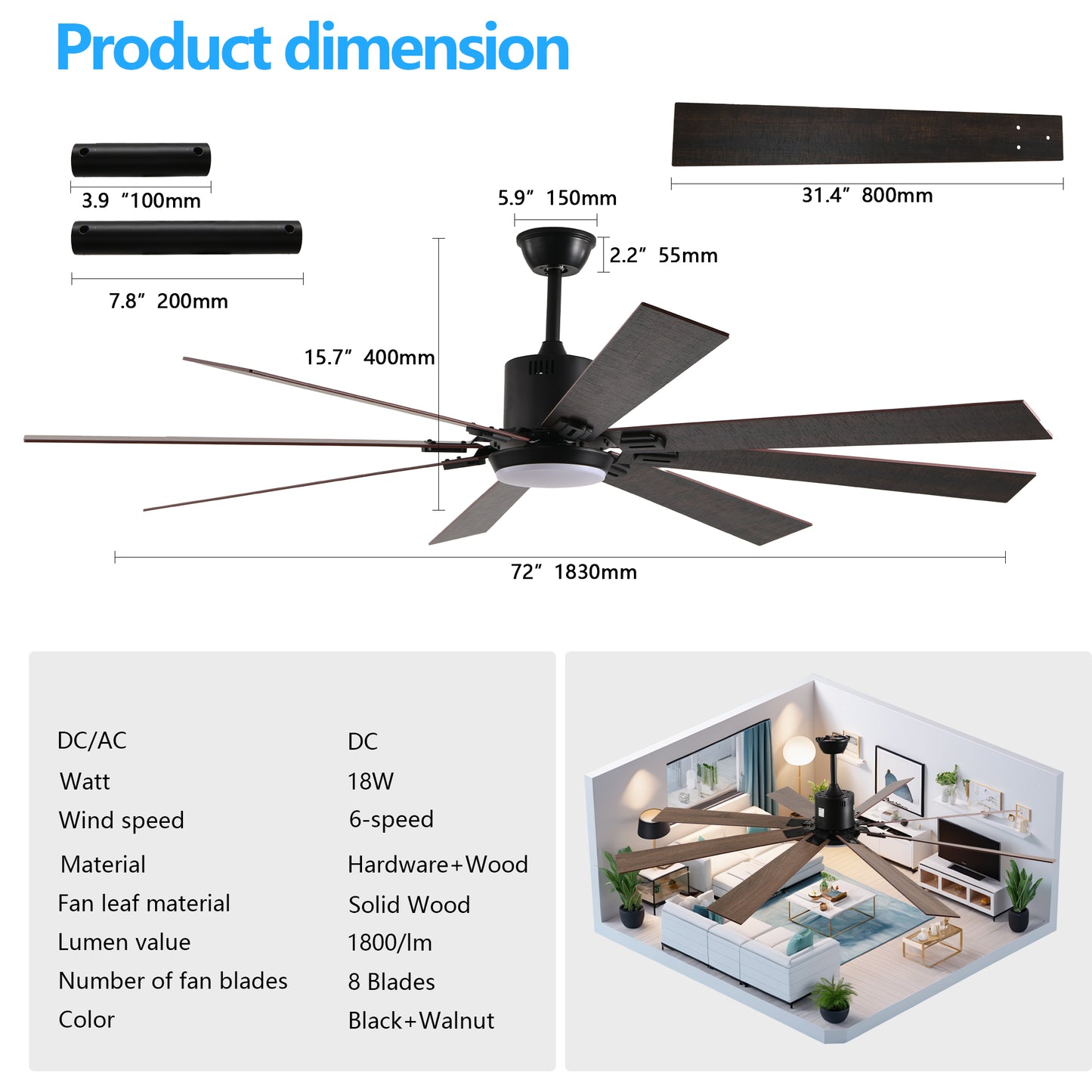 72in Walnut LED Ceiling Fan Light With 8 Wooden Blades, Remote Control, Adjustable Color Temperature For Living Room, Bedroom, Or Dining Room,Silent,6-Speed,Reversible,DC Motor