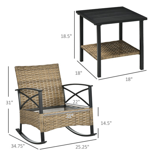 3 Piece Patio Rocking Chair Set, Outdoor Wicker Bistro Set With 2 Oversize Cushioned Porch Rockers And 2 Tier Coffee Table For Garden, Porch, Backyard, Light Gray