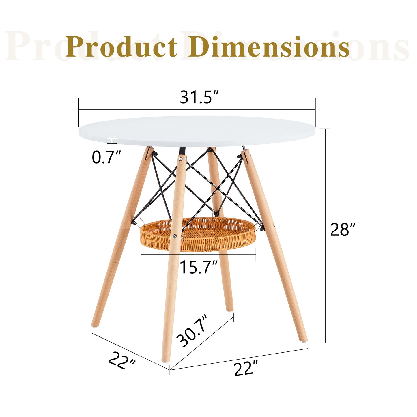 31.5-inch Diameter Circular Dining Table, White MDF Vacuum Formed Tabletop, Solid Wood Legs, With Suspended Woven Storage Basket Structure. A Casual Coffee Table Suitable For 2-4 People.