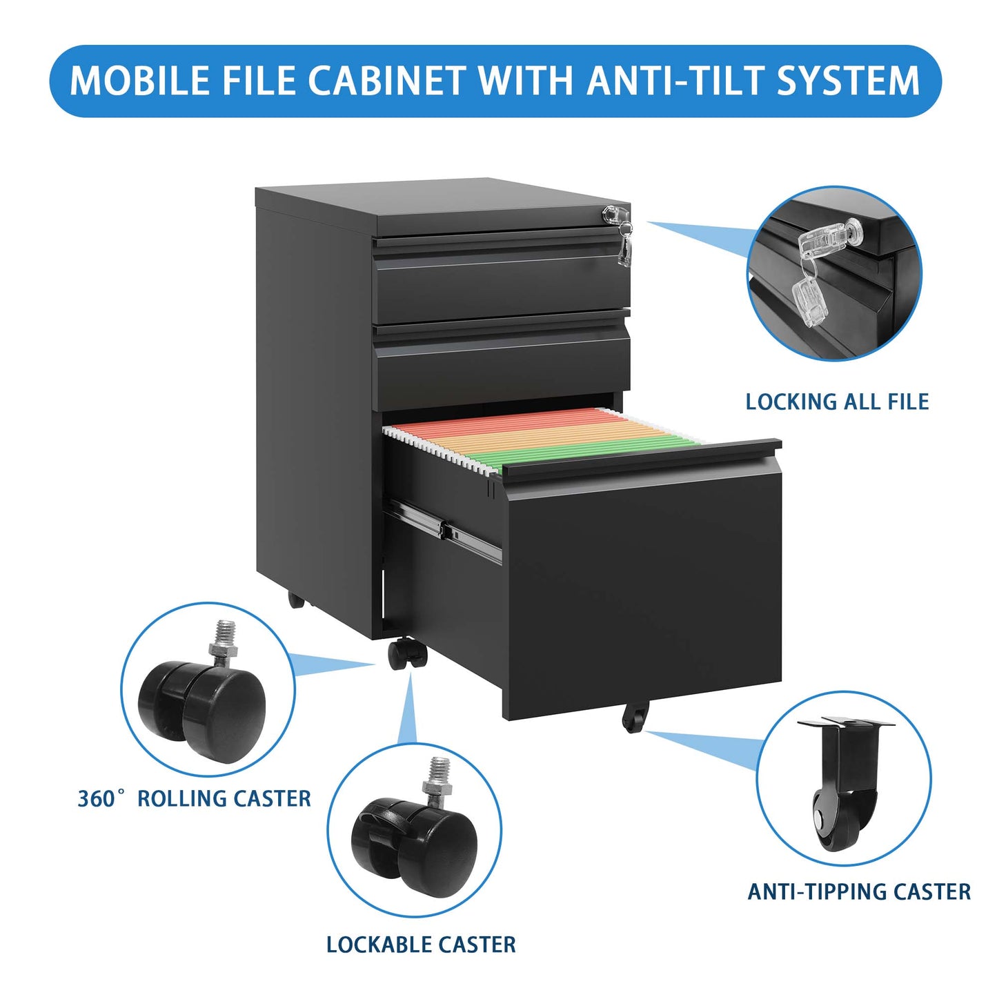 3 Drawer Mobile File Cabinet With Lock,Metal Filing Cabinets For Home Office Organizer Letters Legal A4,Fully Assembled Except Wheels ,Black