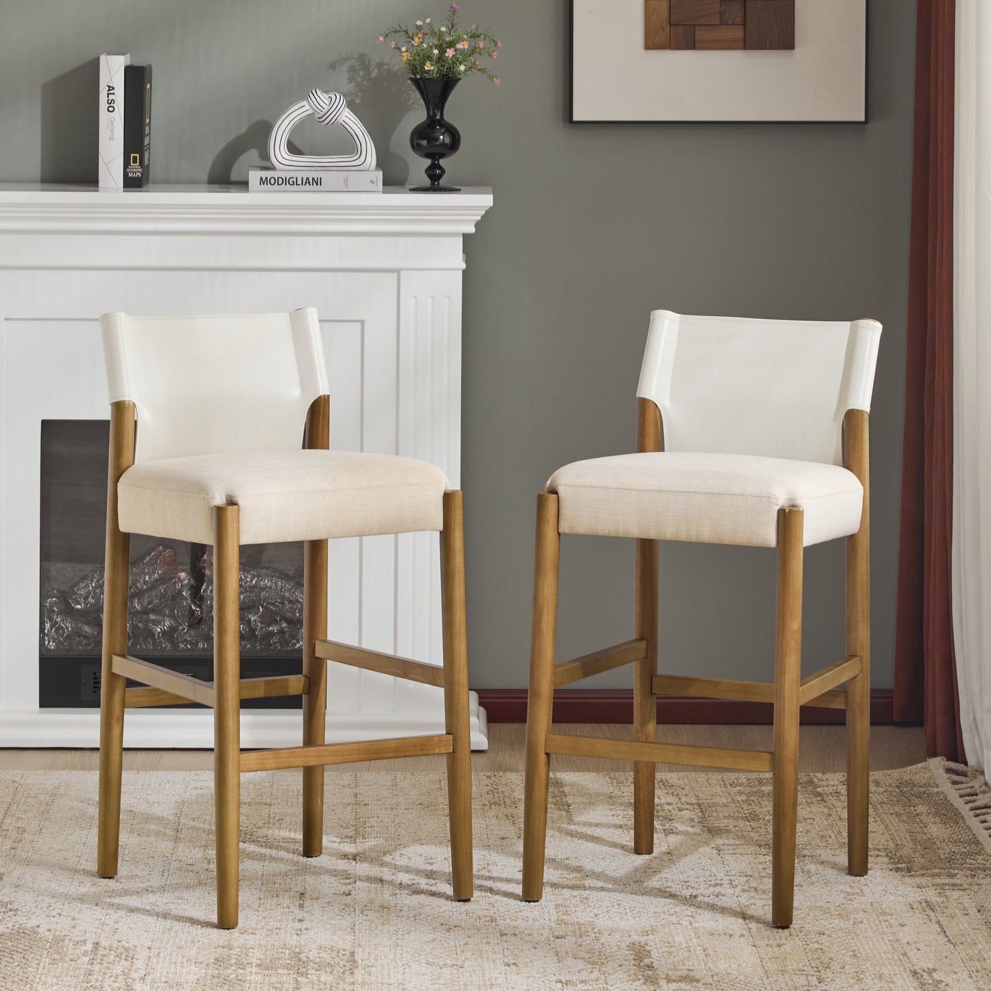 28.5, Modern Solid Wood Bar Stool With Polyester Cushion - Minimalist Kitchen Island Stool For Breakfast Nook & Home Bar  Neutral Tone Design , Set Of 2