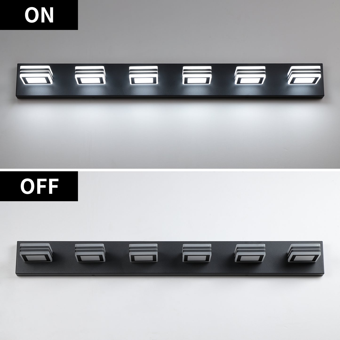 39in  Modern Black 6-Light LED Vanity Light, Square Acrylic Lampshades Wall Mount Fixture For Bathroom, Mirror Lighting