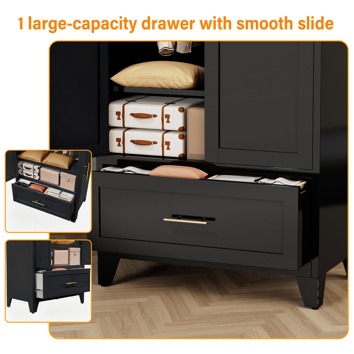 60inch Tall Metal Wardrobe Cabinet With 1 Drawer And Hanging Rod, 2 Doors Wardrobe Closet With Shelf For Bedroom, Office, Laundry Room,Entryway ,Foyer,Guesthouse Black