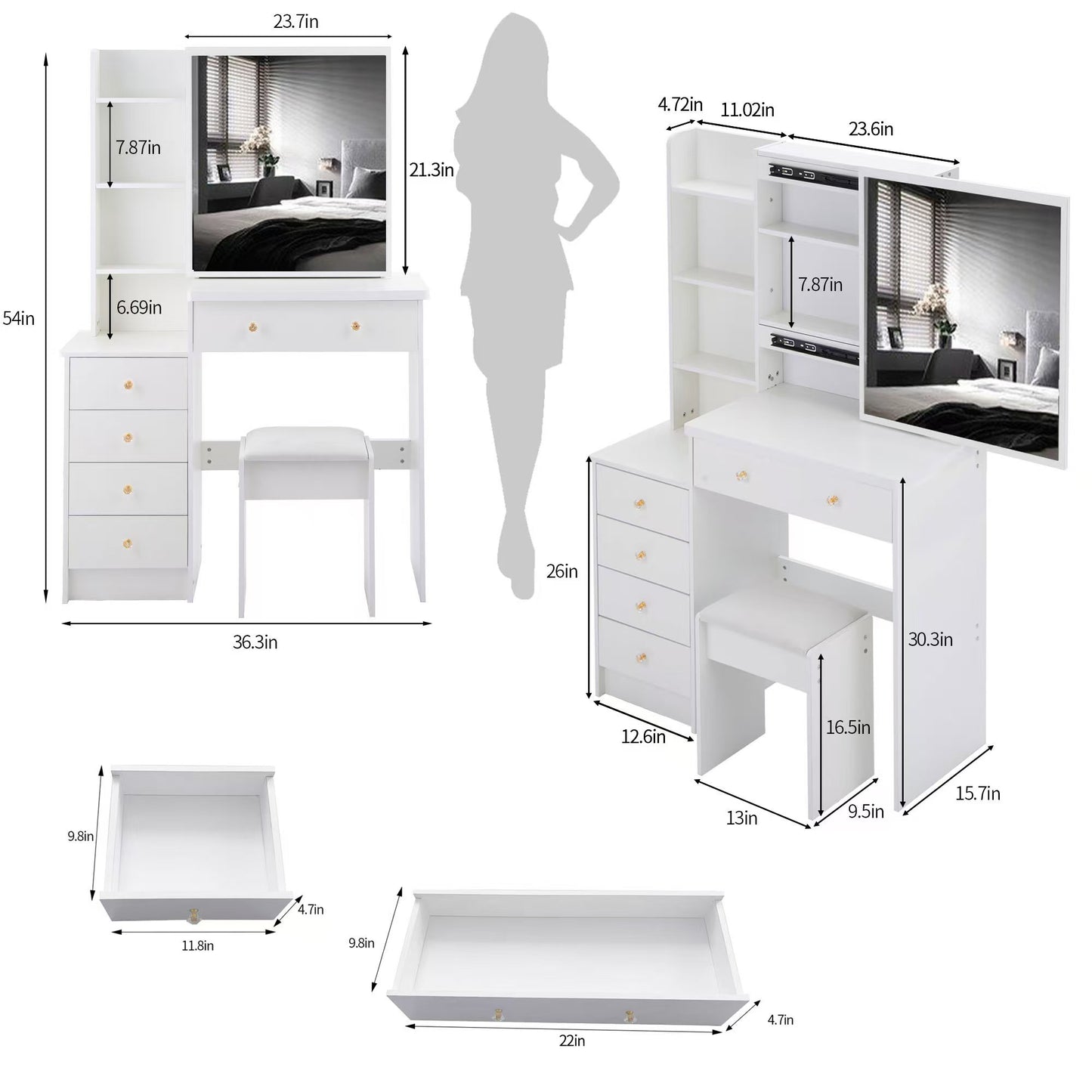 37 Middle Size Left Bedside Cabinet Vanity Table  Cushioned Stool, Extra Large Right Sliding Mirror, Multi Layer High Capacity Storage, Practical Fashionable Dresser, Suitable For Large Space