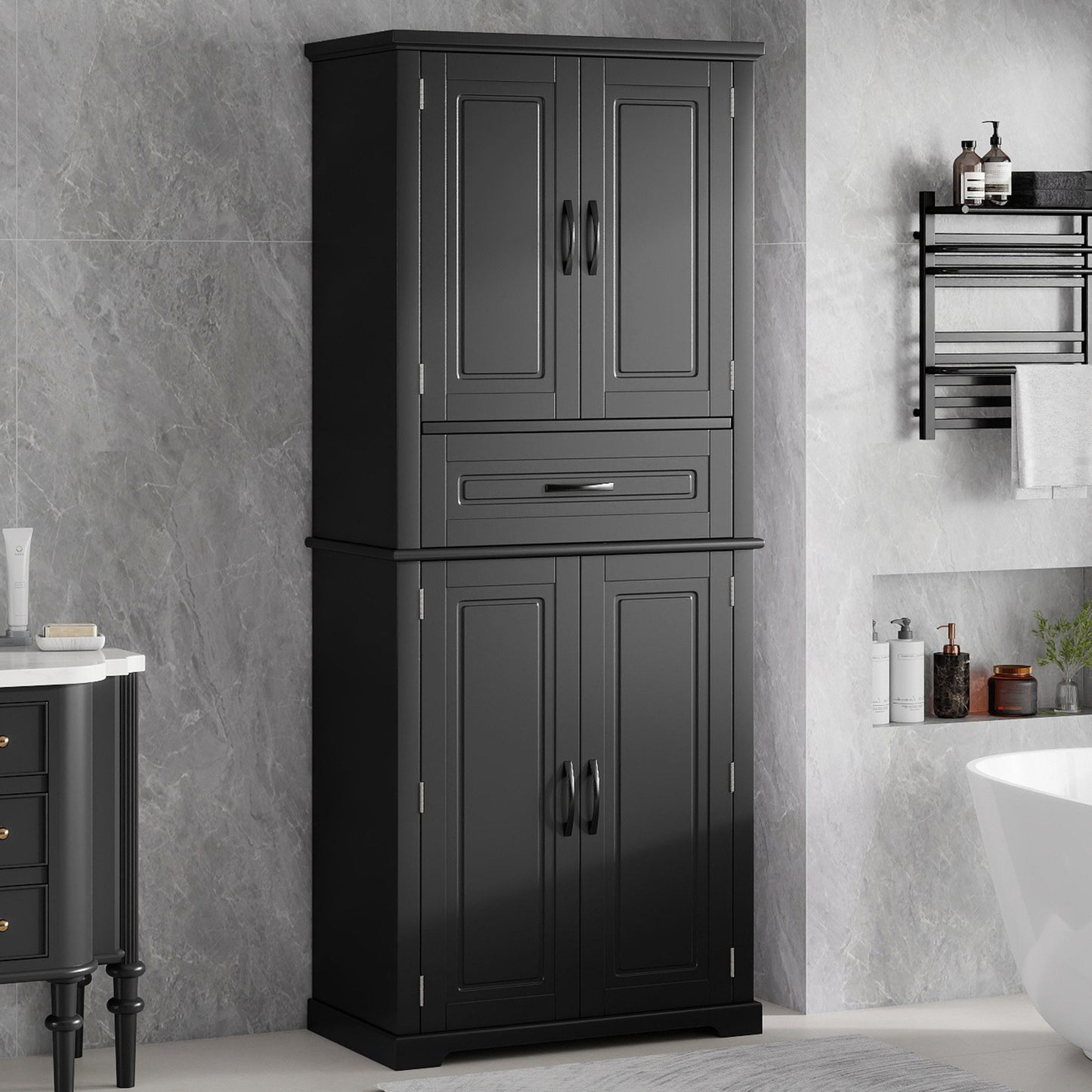 Video Bathroom Storage Cabinet With Multi-Functional Storage Space, Drawer With Slide Rails, Adjustable Shelf, Black