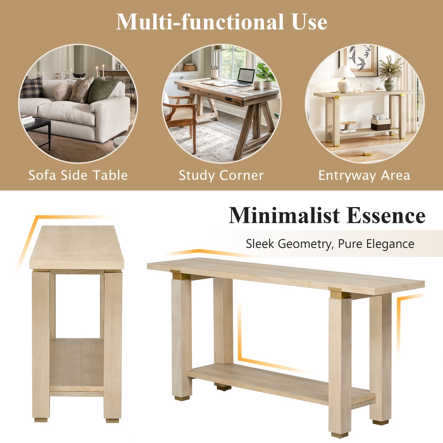 U-Style 62.9  Modern Minimalist Console Table  Solid Wood Entryway Sofa Table With Metal Accents  Built- In Shelf  For Living Room  Hallway  3 Colors  Black  Gray  Natural