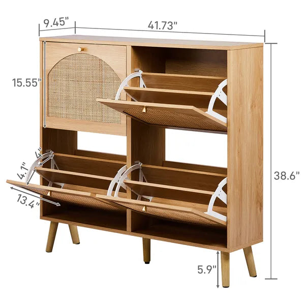 2 Rows Of 4 Dump Buckets With High Feet Arched Rattan Surface Shoe Cabinet Density Board With Triamine 105X24X98cm Original Wood Color