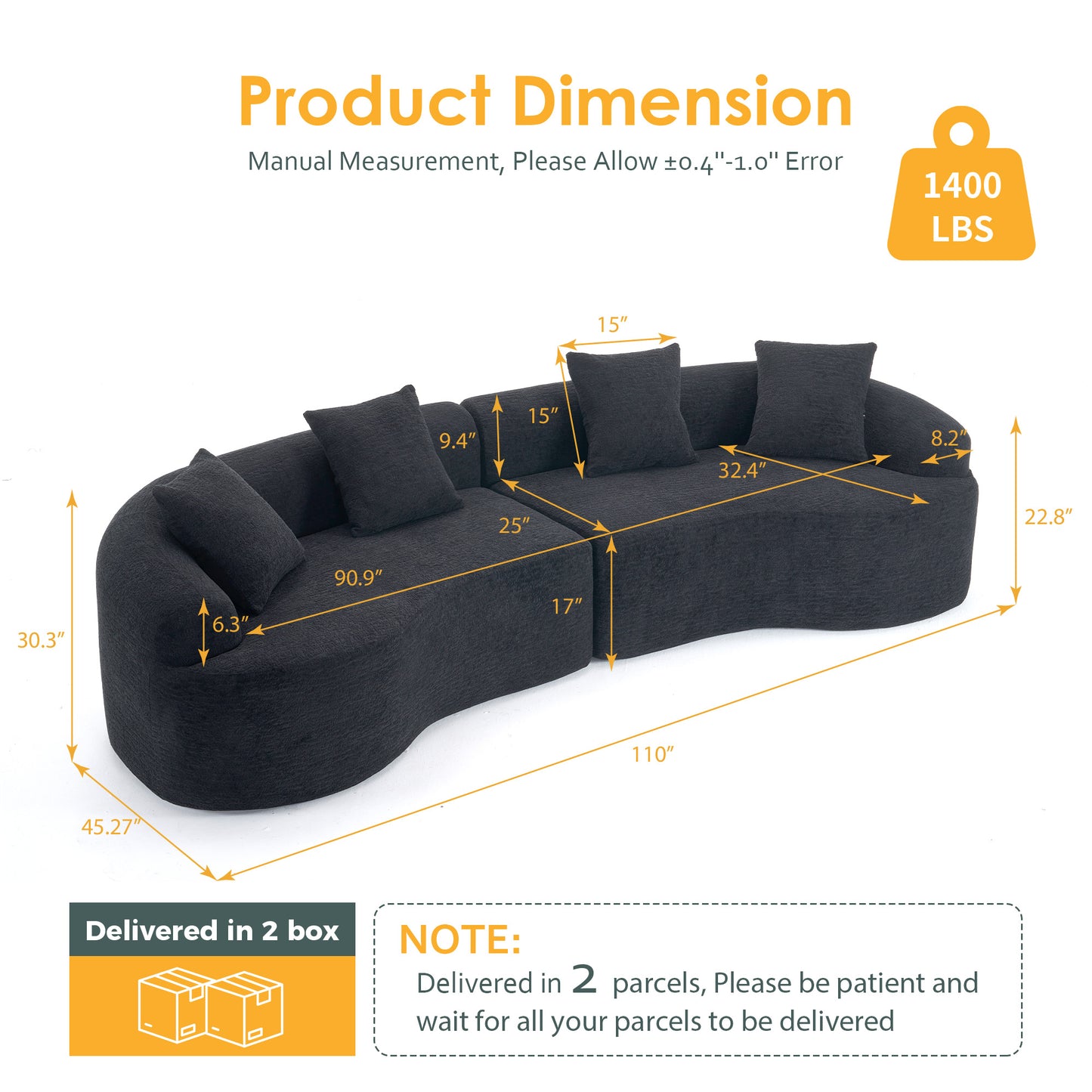 Compression Sponge Sofa Black Curved Modular Sectional  30D High-Density Chenille Sleeper Couch For Apartment Living Room 110L