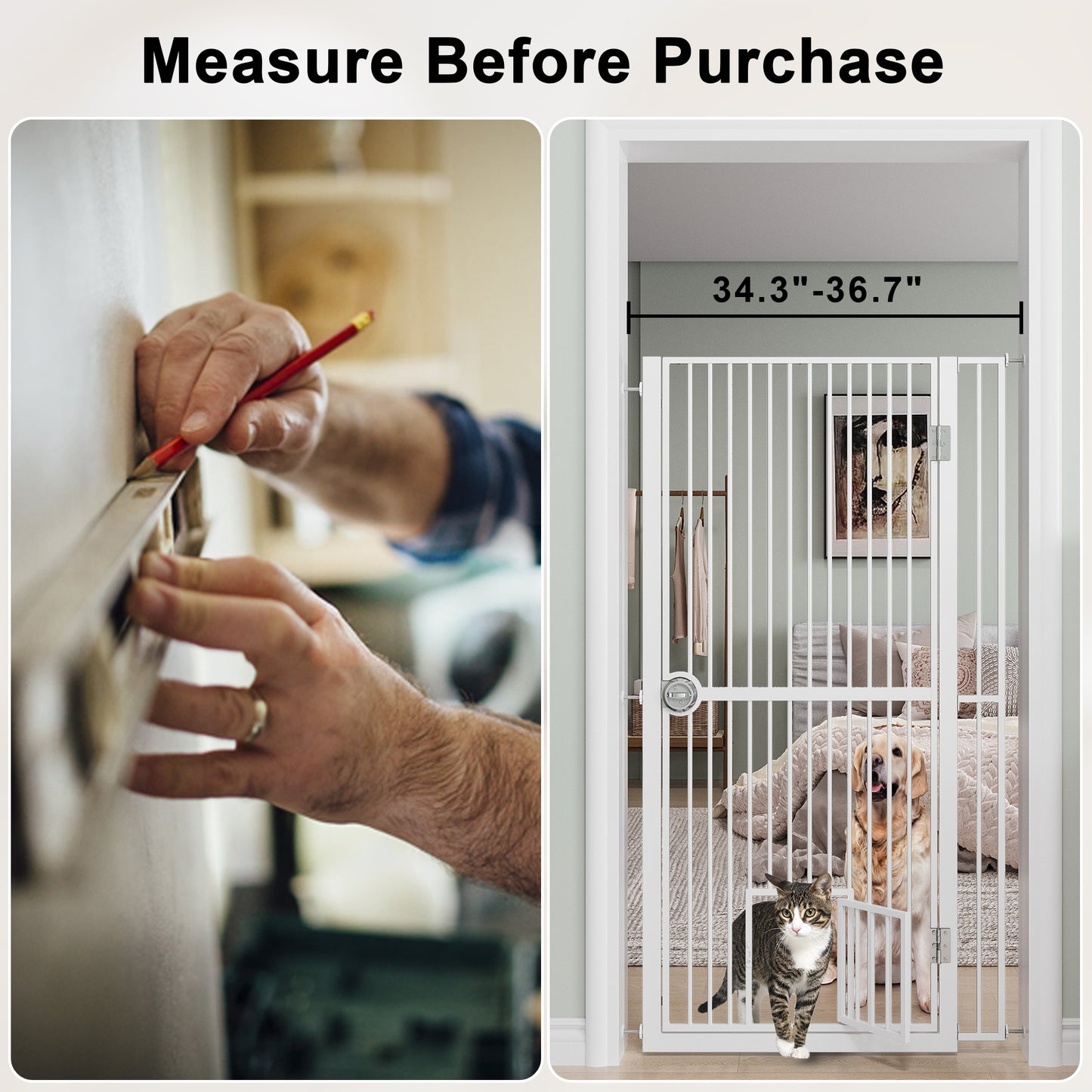 61  Extra Tall Cat Gate For Doorway , Adjustable Wide 34.3 -36.7  And Included 4.13  Extension Kits, Suitable For Doorways Or Kitchen, No Drilling Pressure Mount Kit, White