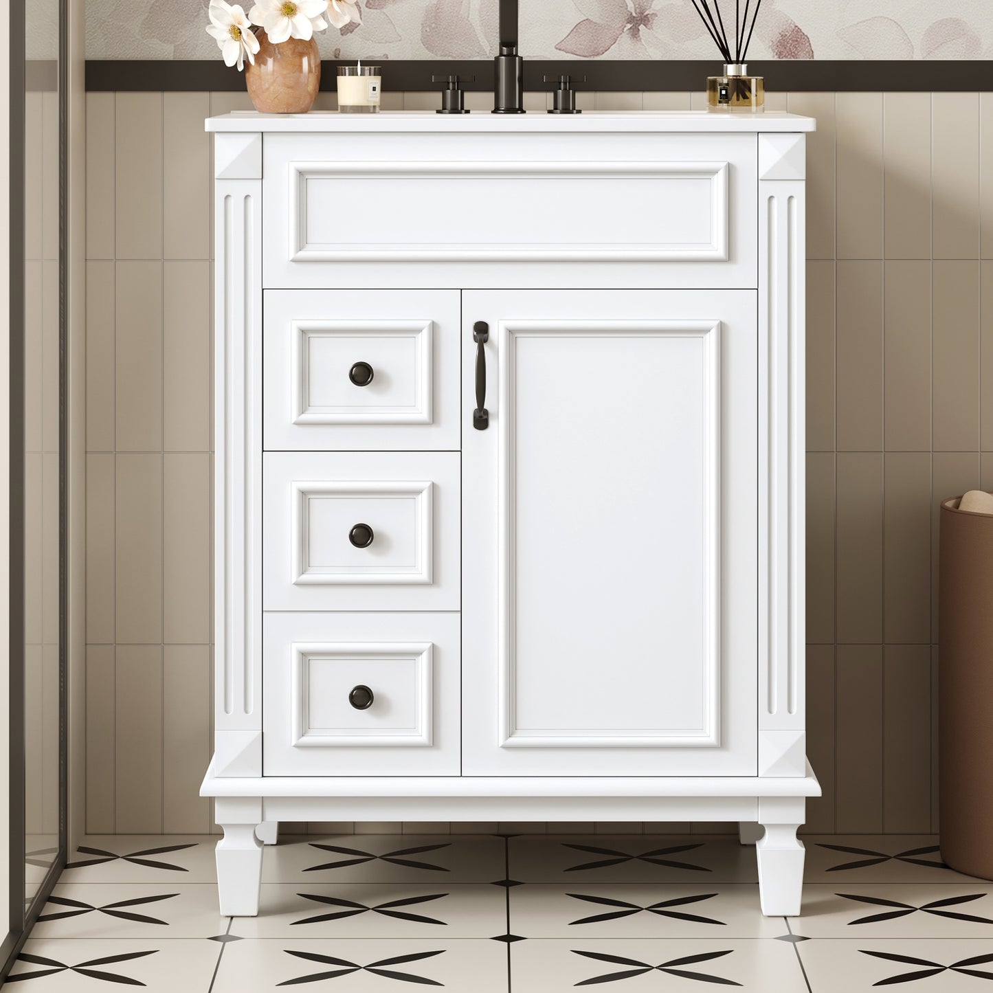 24   Bathroom Vanity With Ceramic Sink, Small Bathroom Sink Cabinet, Modern Cabinet With 2 Drawers And Adjustable Shelf