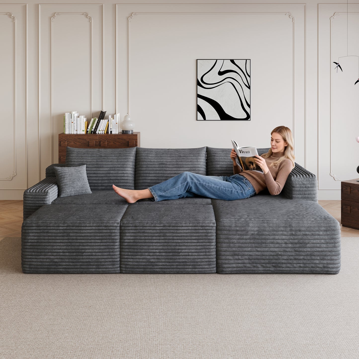 95  Cloud Sectional Sofa With 2 Ottoman,Modern Minimalist Upholstered Couches, Comfort U Shaped Sofa For Living Room,Deep Seat Corner Couch,No Assembly Required,Dark Grey Plush Corduroy Fabric