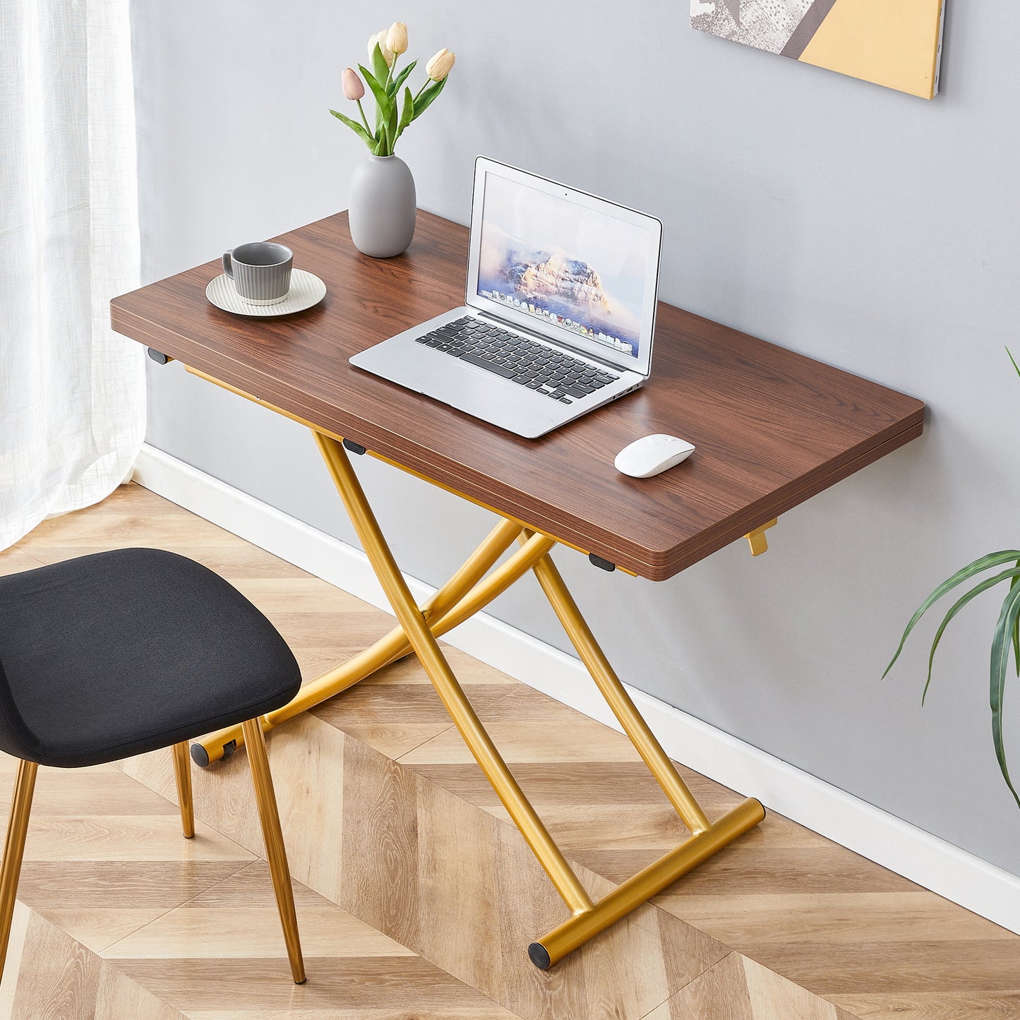 Modern Minimalist Multifunctional Lift Table With 0.8 Inch Thick MDF Desktop And Golden Metal Legs,can Be Used As A Dressing Table, Coffee Table, Dining Table, And Office Table.Walnut Textured Desktop