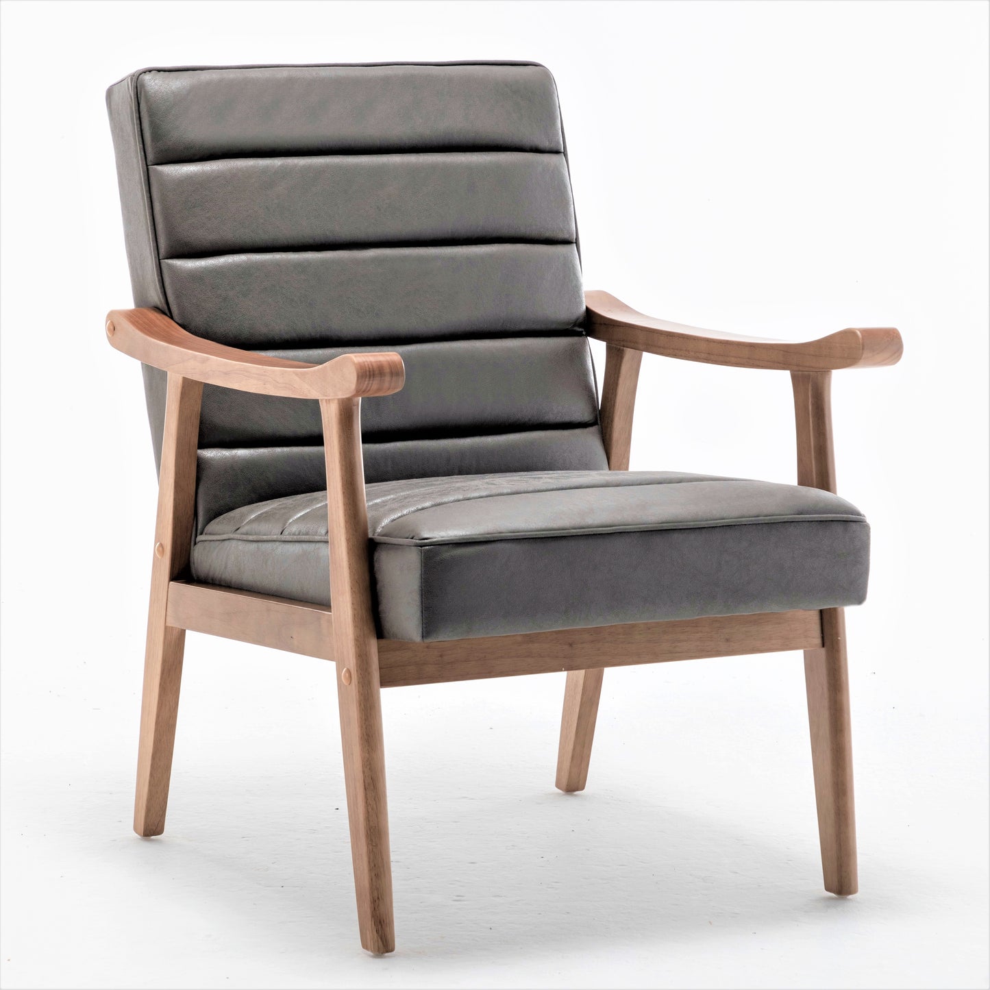 Mid-Century Modern Accent Chair, Solid Wood Frame Leather Look Microfiber Armchair With Open-Framed Arm Design, Plush Padded Seat And Back Cushion For Living Room Bedroom