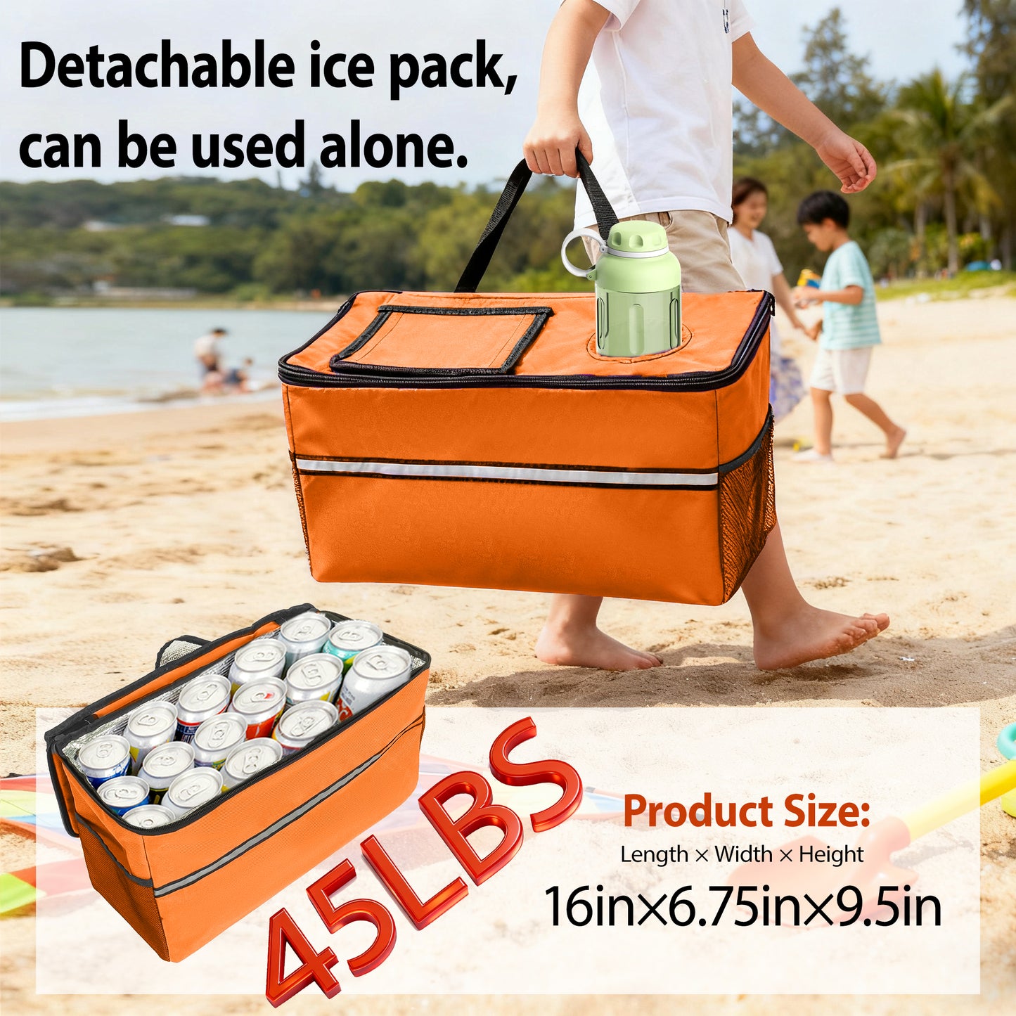 3- In- 1 Folding Wagon With Bench Seat - Patent Protection  Includes 1 Ice Pack  500lbs Capacity  9 X4  Beach Tires For Camping & Beach  Orange