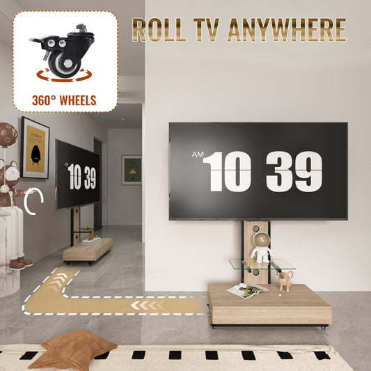 TV Stand With Push-pull Drawer For Living Room, Bedroom,Offices,Mobile TV Cart For 32-75 Inches,Wood &glass TV Stand,Floor Stand With Mount On Lockable Wheels,Natural