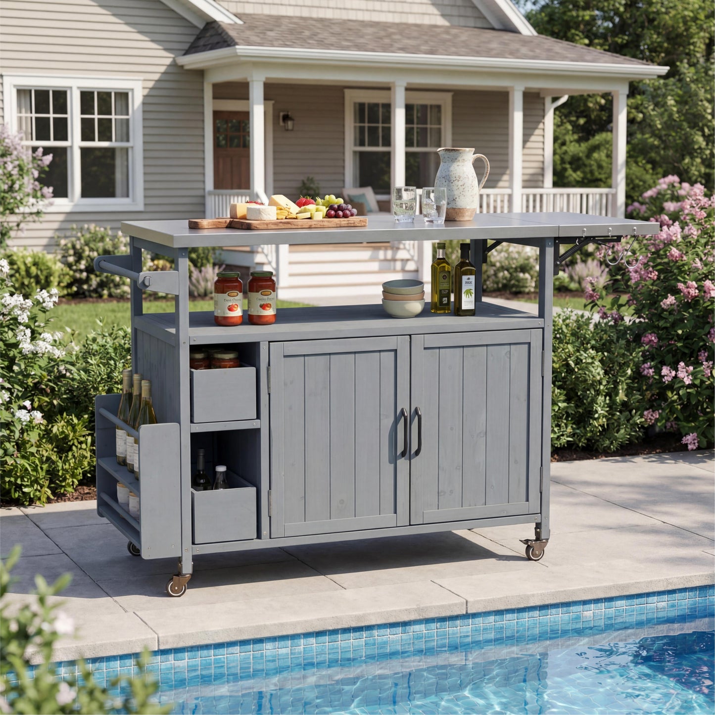 54.33  Farmhouse Rolling Outdoor Kitchen Cart, Solid Wood Frame With Stainless Steel Top, Spice Rack, Towel Rack, Lockable Wheels & Multi-Functional Storage For Patio,  BBQ & Kitchen