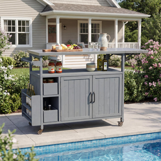 54.33  Farmhouse Rolling Outdoor Kitchen Cart, Solid Wood Frame With Stainless Steel Top, Spice Rack, Towel Rack, Lockable Wheels & Multi-Functional Storage For Patio,  BBQ & Kitchen