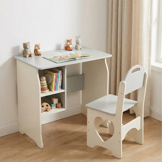Kids Desk And Chair Set Multifunctional White And Grey Toddler Student Writing Table Set For Home School