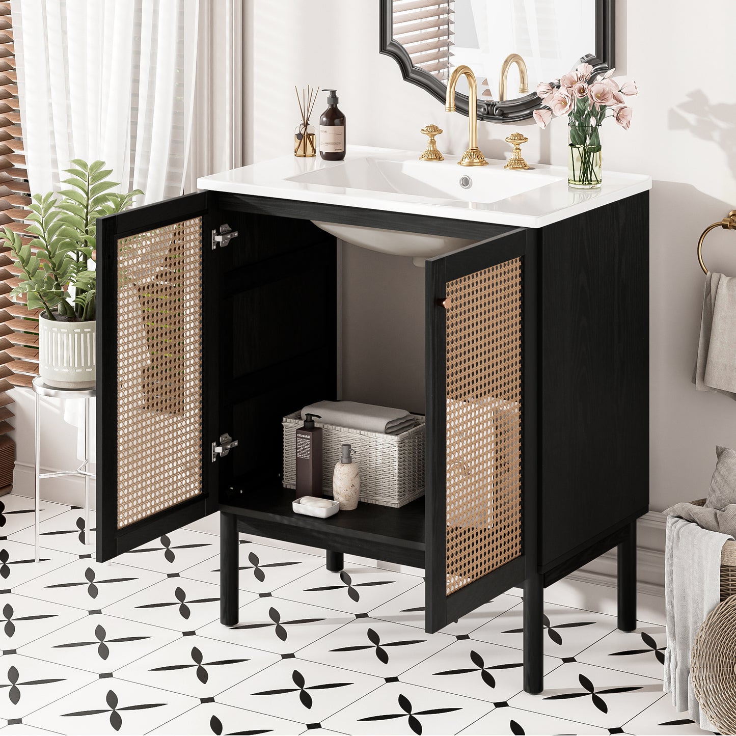 30-inch Bathroom Vanity Crafted From Natural Materials, Featuring Handmade Rattan Doors And Soft-closing Mechanisms
