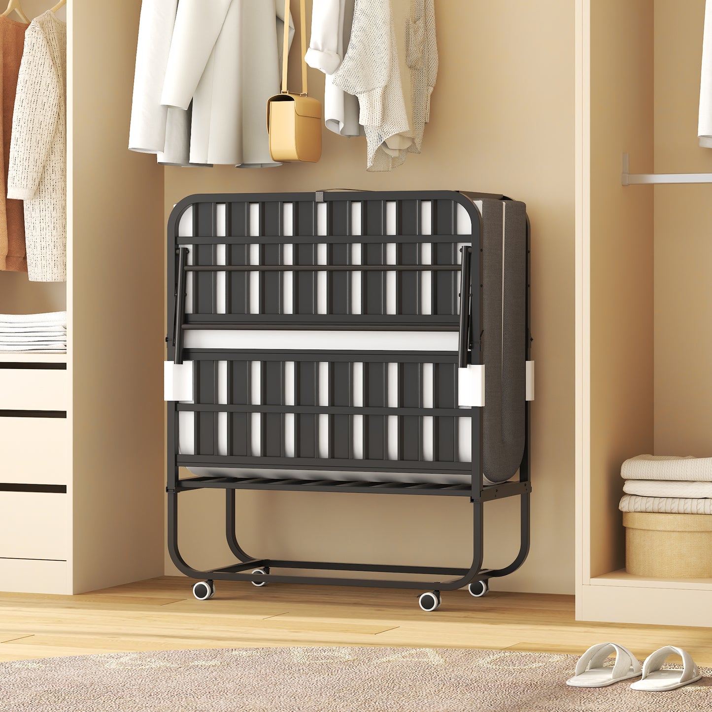 75 X 38 Folding Bed With Adjustable Headboard, 5 Memory Foam Rollaway Bed For Tall People, Heavy-Duty Portable Guest Bed On Wheels, Easy Assembly Twin Size Cot