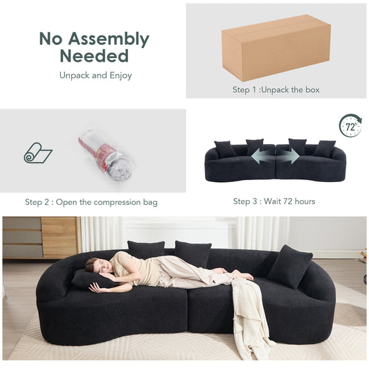 Compression Sponge Sofa Black Curved Modular Sectional  30D High-Density Chenille Sleeper Couch For Apartment Living Room 110L