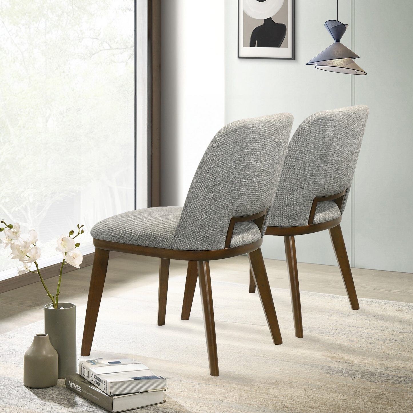 Blake Mid-Century Modern Light Grey Fabric Dining Chair   Set Of 2   With Walnut Solid Wood Base 33.7  H X 19.3  W X 24.8  D