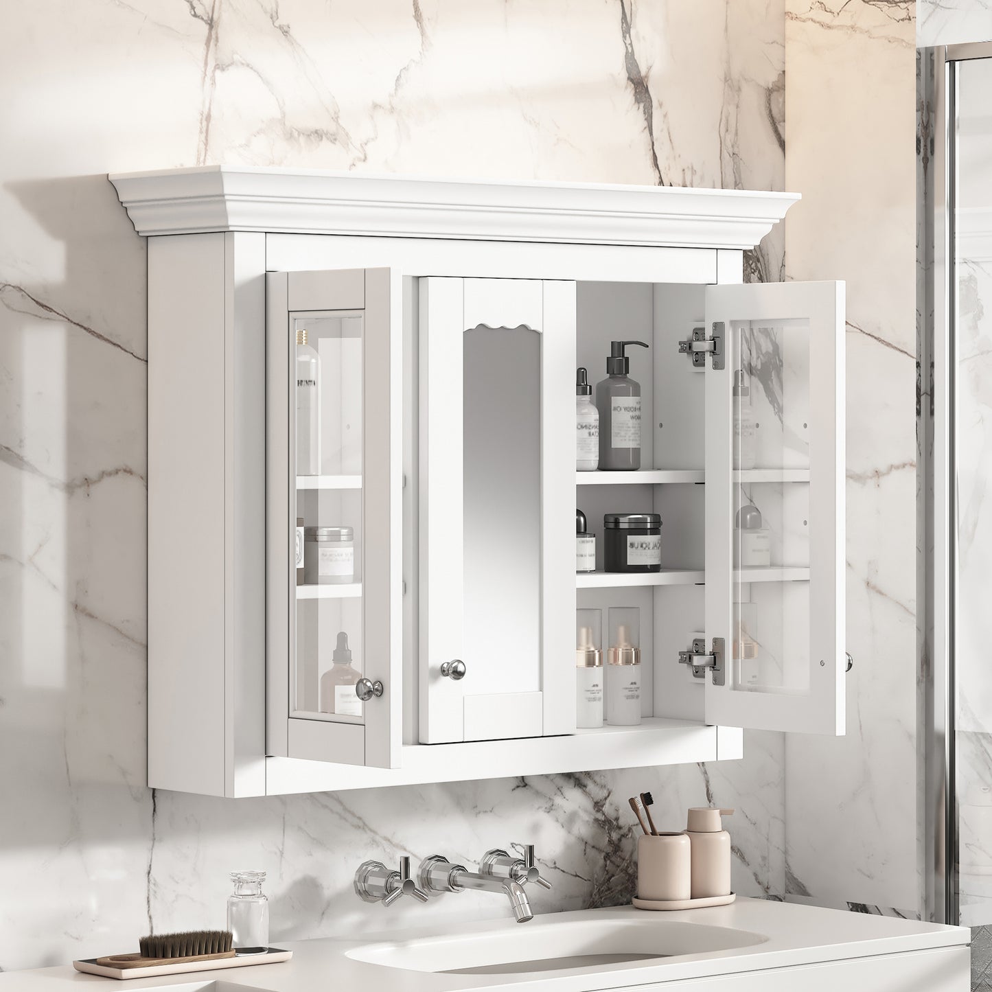 35   Bathroom Medicine Cabinet With Mirror, 5 Closed & Adjustable Shelves, Bathroom Wall Mounted Storage Cabinet With Glass Doors