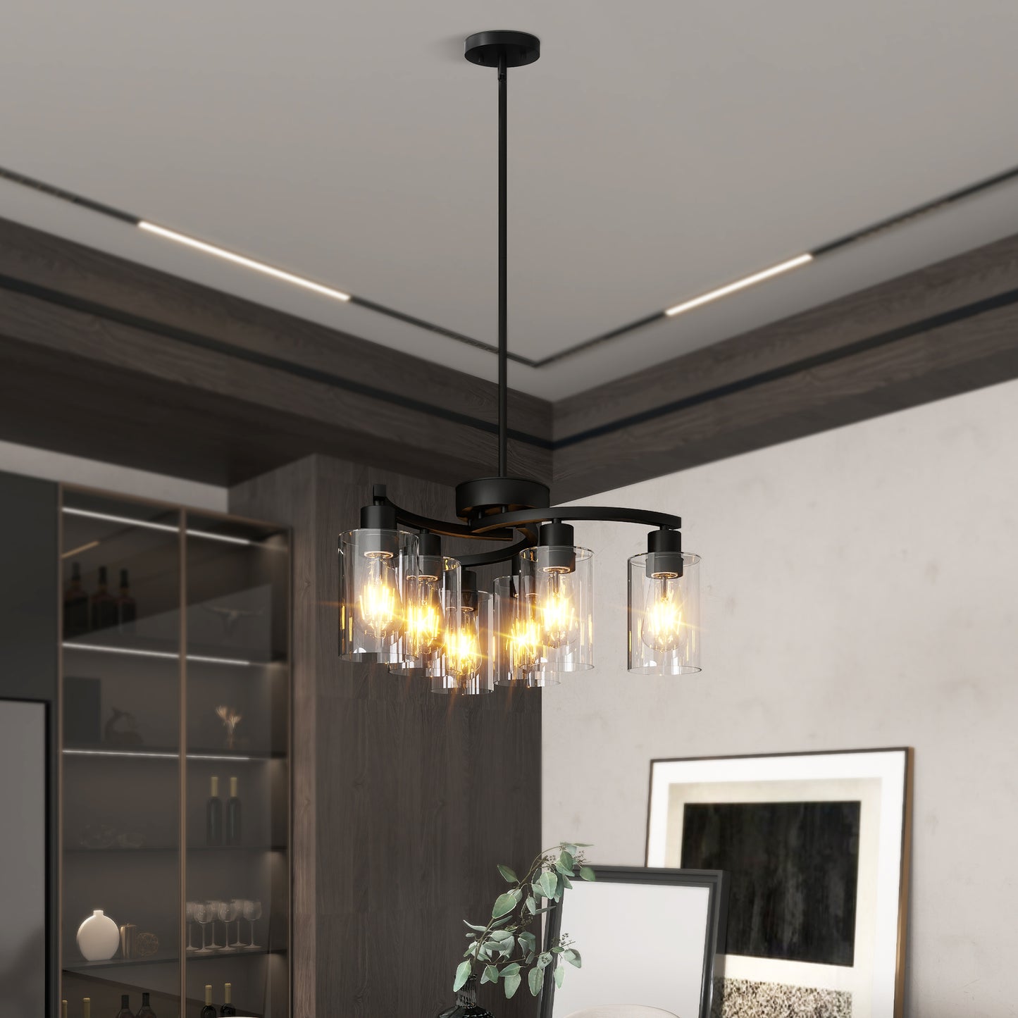 6-Light Modern Farmhouse Black Chandelier, Contemporary Dining Room Light Fixture, Adjustable Height Hanging Industrial Pendant Lights Kitchen Island, Clear Glass Shade