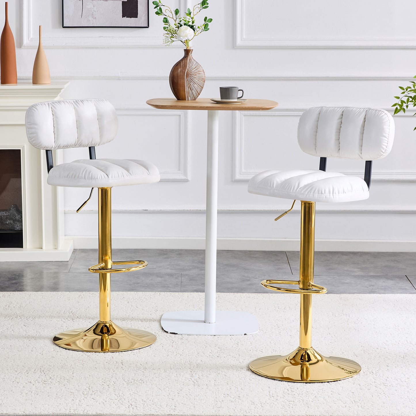 Set Of 2 Adjustable Height Bar Stools, White PU Leather Upholstered Seating With Gold Metal Base & Footrest, Luxe Glam Stools For Kitchen Island, Home Bar, Living Room
